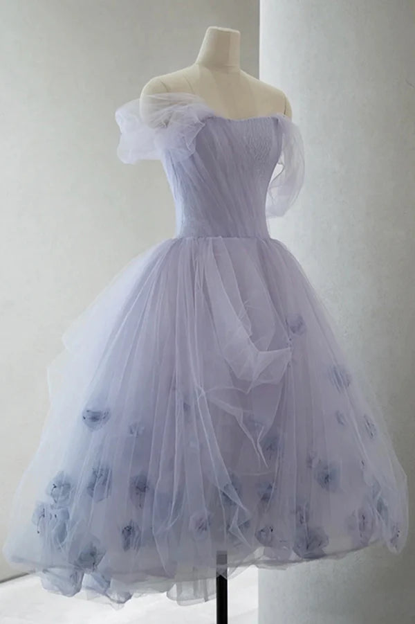 Wholesale Purple Tulle Short A-Line Prom Dress Cute Off the Shoulder Party Dress